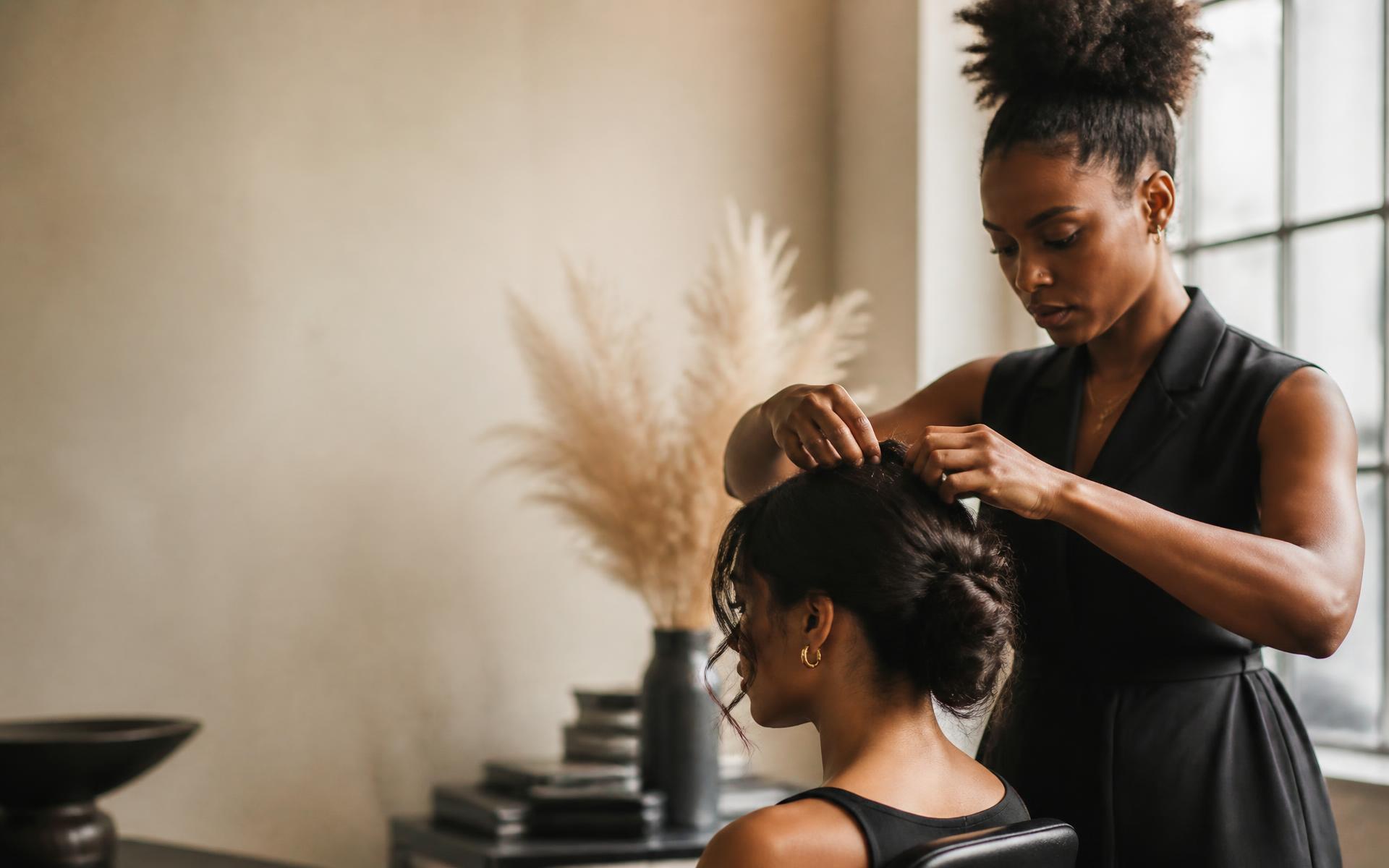 A hairstylist fully absorbed in styling a seated client's hair in a calm, light-filled studio, both hands busy.