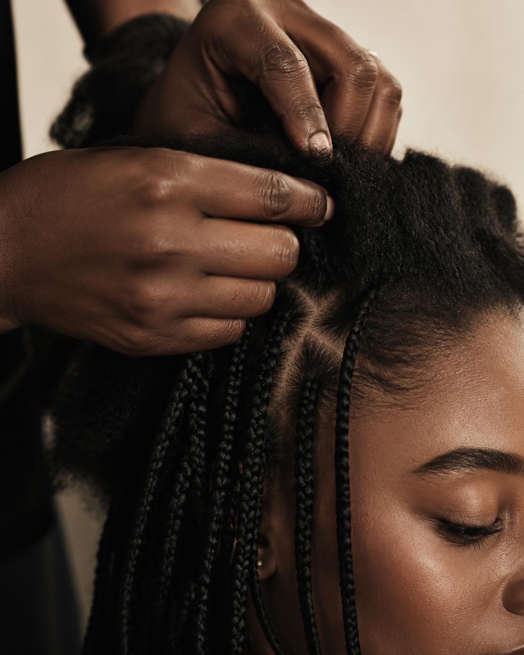 A braider parting and plaiting long braids into a seated client's hair, rows of finished braids visible behind.