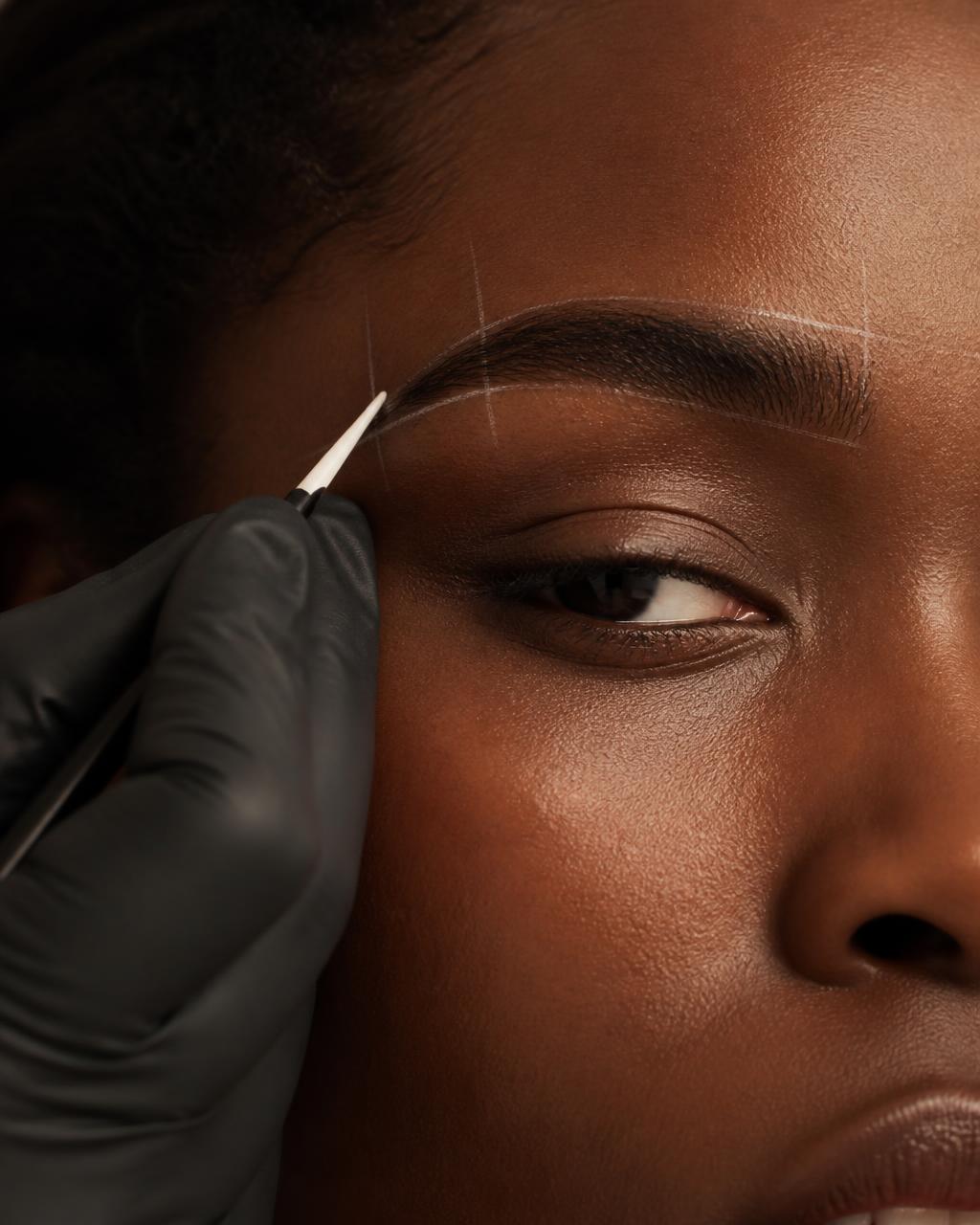 A brow artist mapping and combing through a client's brows in close detail.