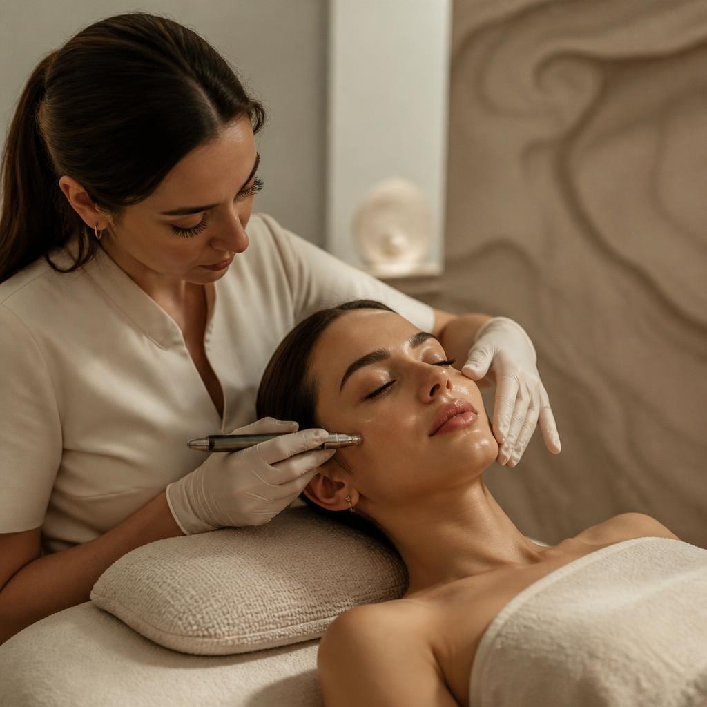 A facialist massaging serum into a relaxed client's skin during a treatment on a spa bed.