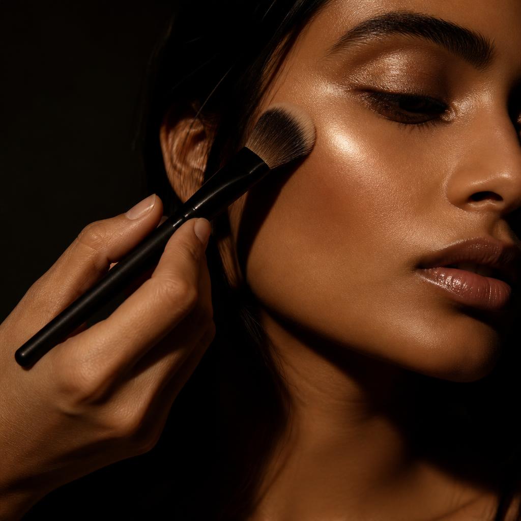 A makeup artist blending a soft glam base onto a client's cheek with a brush.