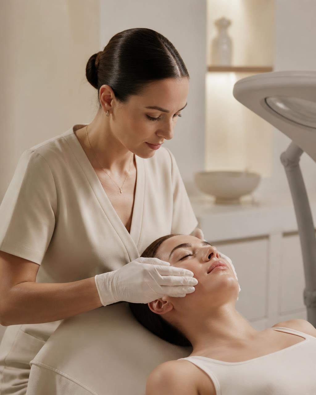 A skin specialist examining a client's complexion closely before recommending a treatment plan.