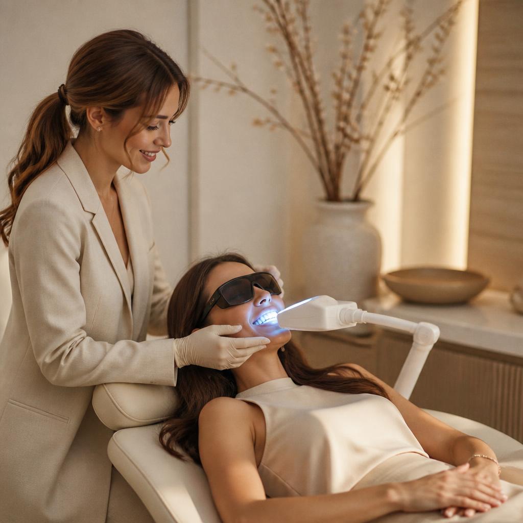 A teeth whitening technician positioning a light over a client during a whitening session.